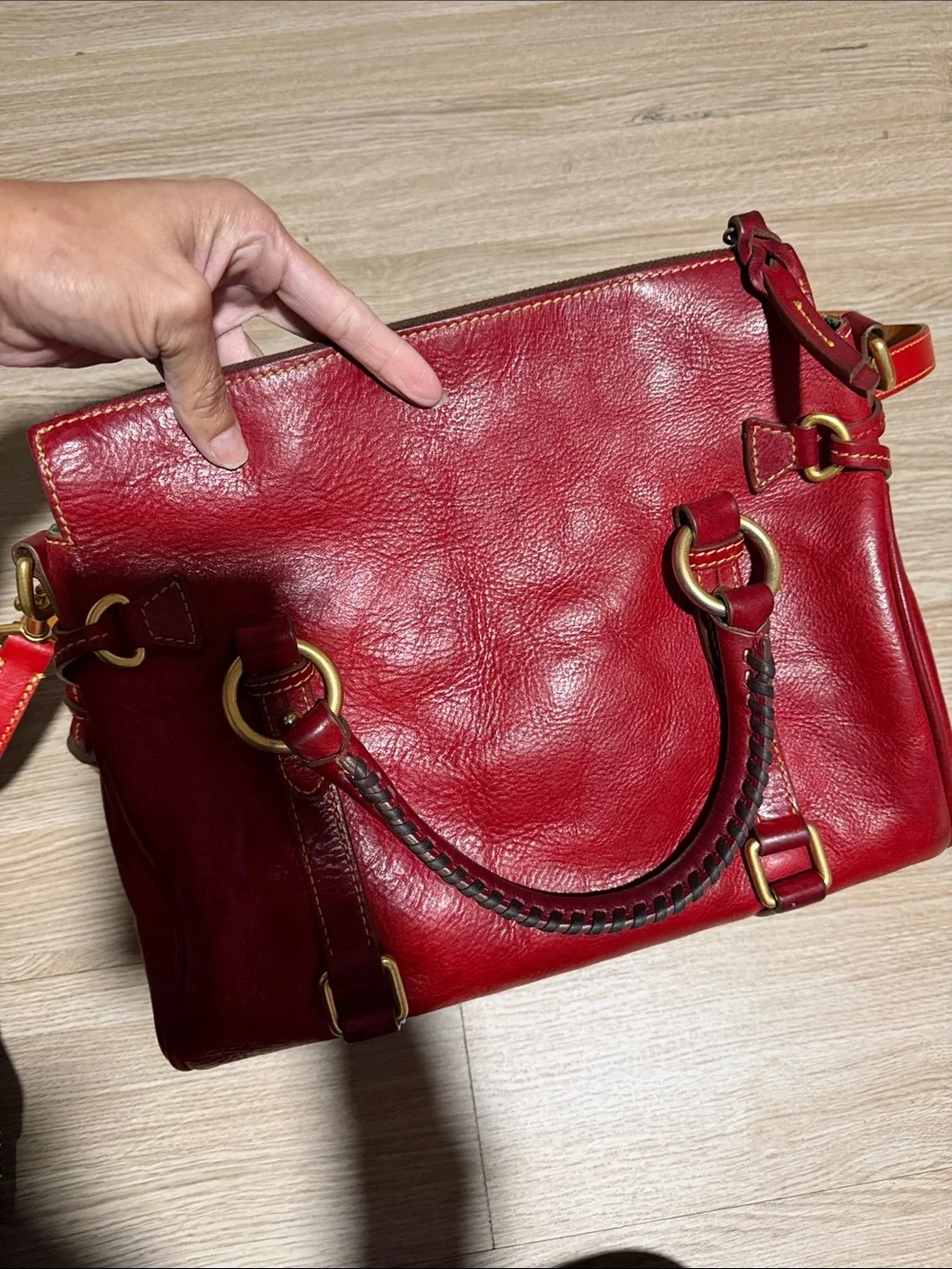 Dooney & Bourke Red Leather Shoulder Satchel with Brass Accents